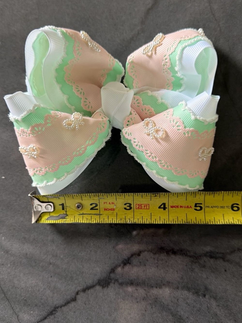 Source Unknown Pastel Pink & Mint Layered Ribbon Hair Bow with Pearl Accents
